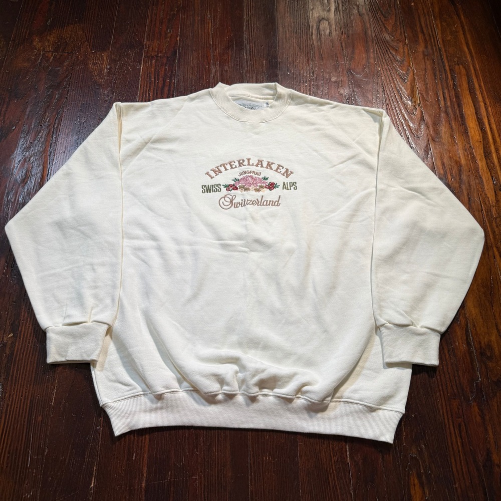 Vintage Interlaken Swiss Alps Sweatshirt Women XL Cream Embroidered Ski 90s
